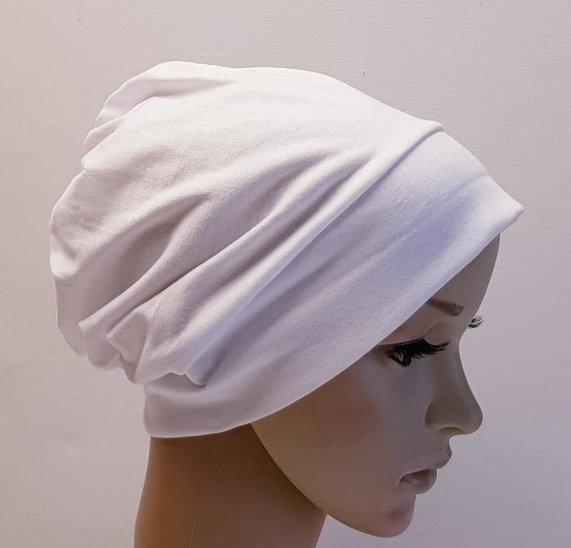White lightweight cotton hat, messy hair day hat, chemo beanie 