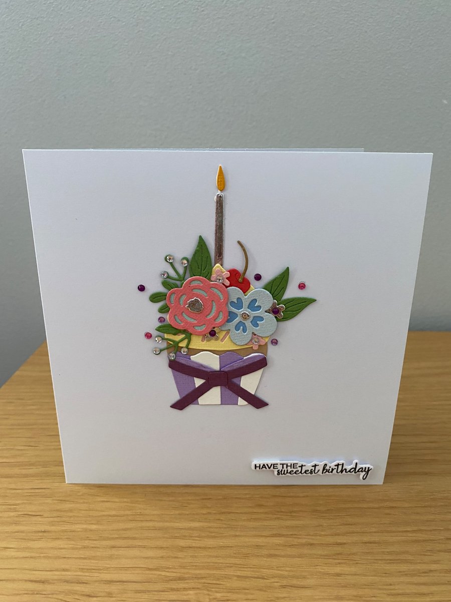 Handmade Cupcake Birthday Card Floral Cupcake & Candle
