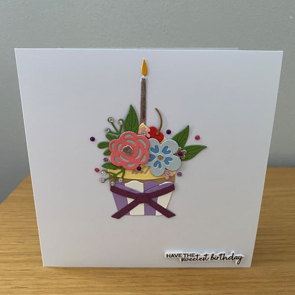 Handmade Cupcake Birthday Card Floral Cupcake & Candle