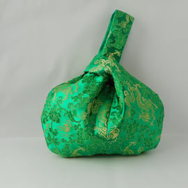 Emerald green satin brocade japanese Knot bag with Dragons