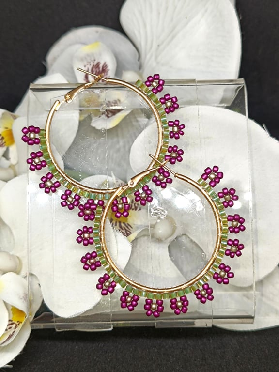 Floral Beaded Hoop Earrings  - Handmade Beadwork on Stainless Steel Hoops 