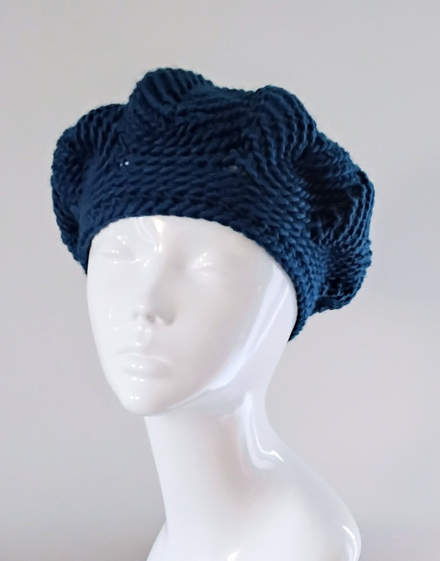 Dark Teal Blue Wool Chunky Slouch Crochet Beret