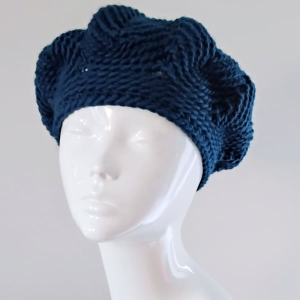 Dark Teal Blue Wool Chunky Slouch Crochet Beret
