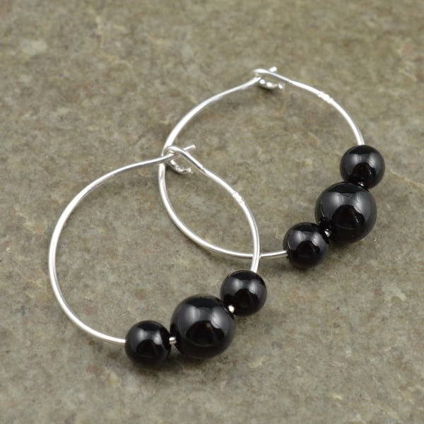 Boho Black Onyx Gemstone & 20mm Sterling Silver Hoop Earrings