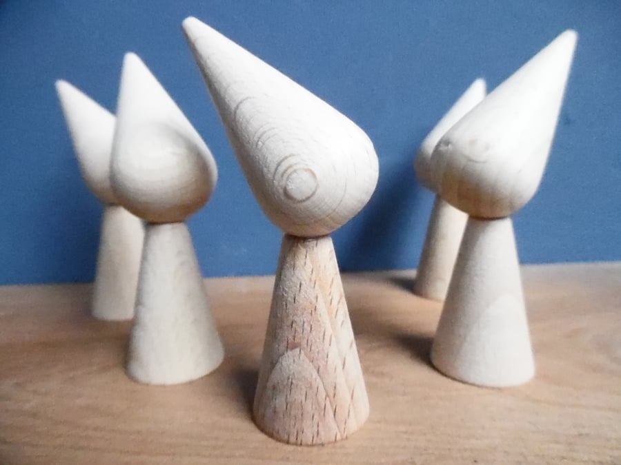5 cone shape wood gnome peg dolls witch elf goblin pixie gnome