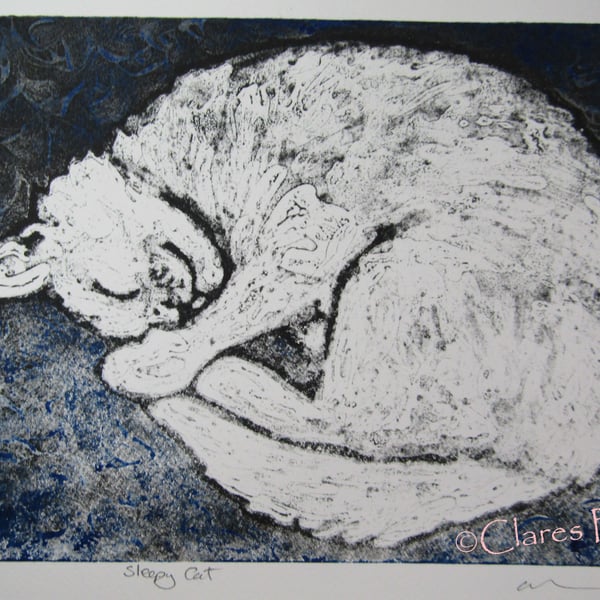 Sleepy Cat Blue Limited Edition Original Collagraph Print Art Cat