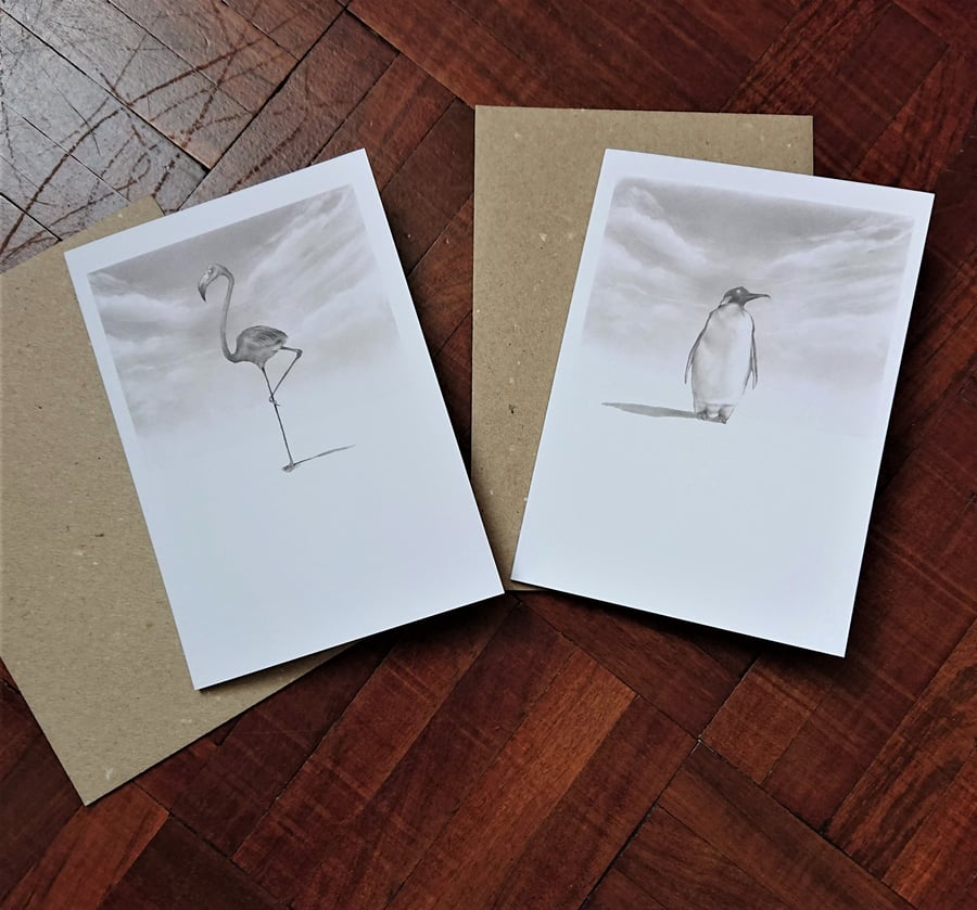 1 Penguin or Flamingo greeting card or 2 cards set, Christmas, birthday, blank, 