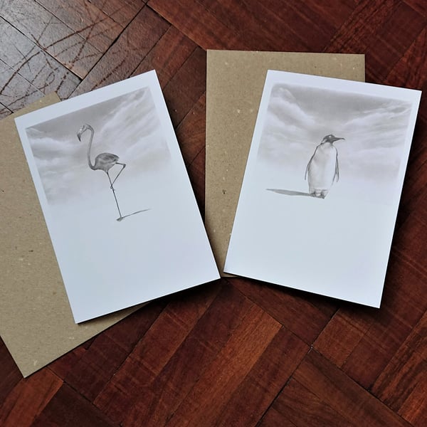 1 Penguin or Flamingo greeting card or 2 cards set, Christmas, birthday, blank, 