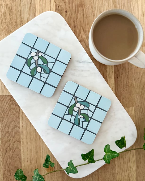 Festive Coaster Set - Two Mosaic Mistletoe Coasters