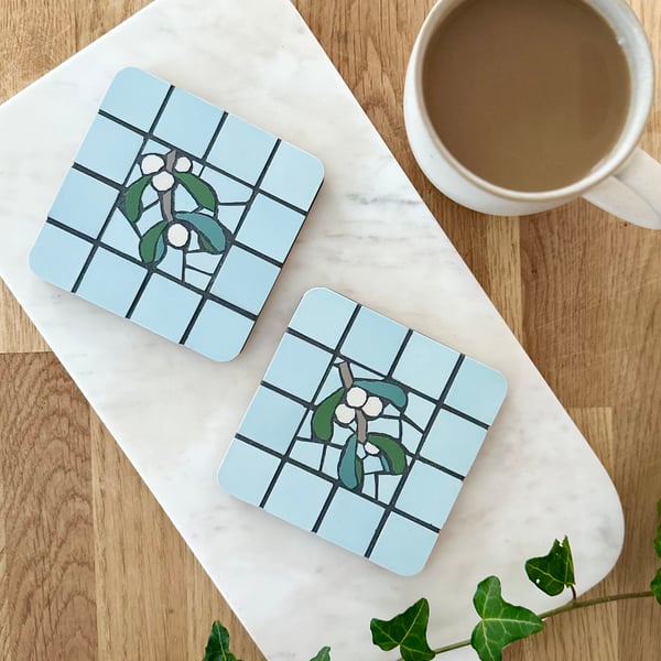 Festive Coaster Set - Two Mosaic Mistletoe Coasters