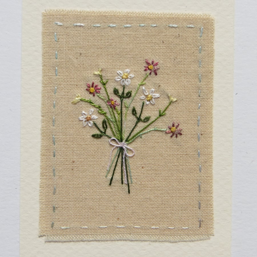 Small card,hand embroidered posy of flowers, delicate, detailed, freely stitched