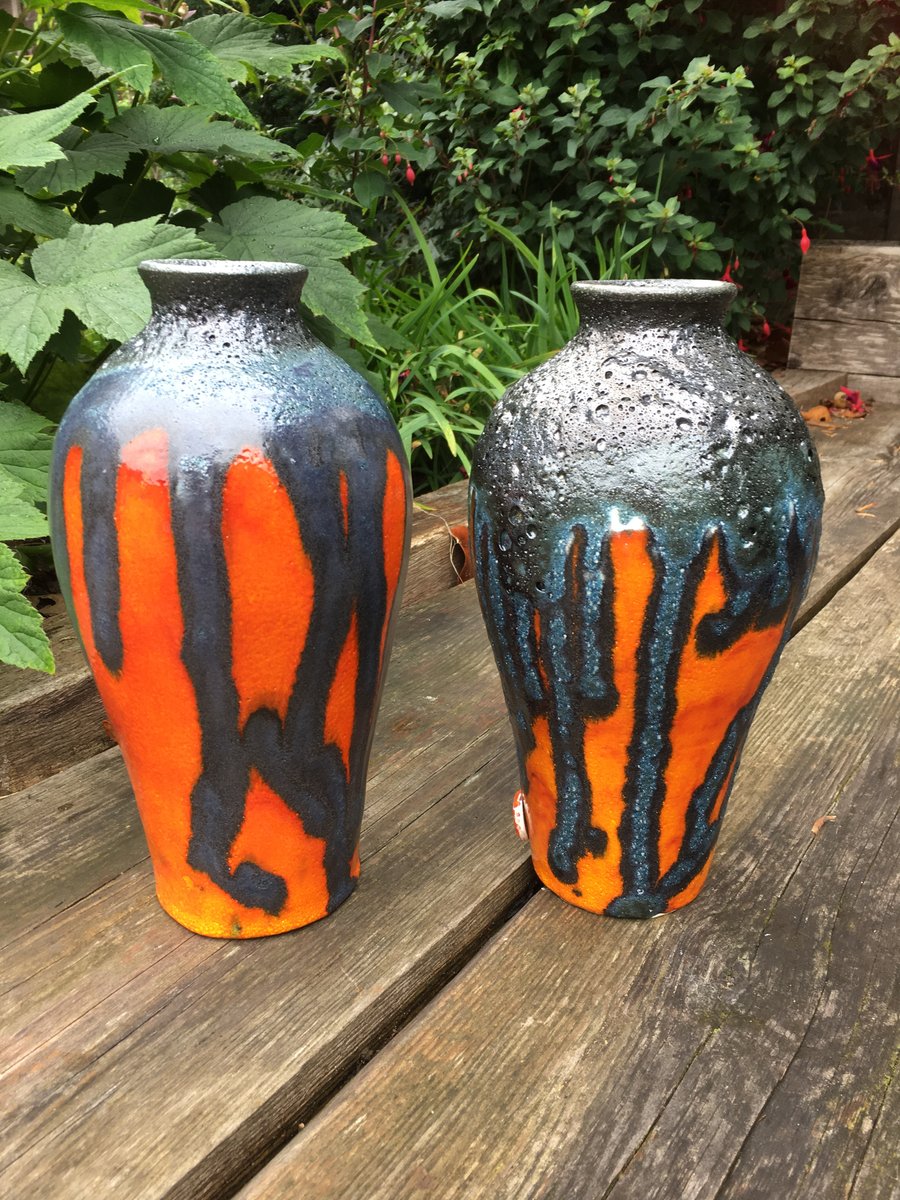 Orange and Black retro urn vase, retro lava glaze, mid century studio pottery