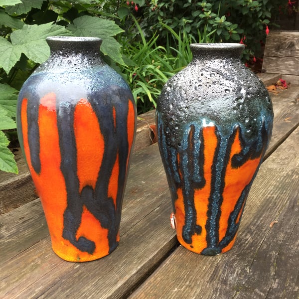 Orange and Black retro urn vase, retro lava glaze, mid century studio pottery