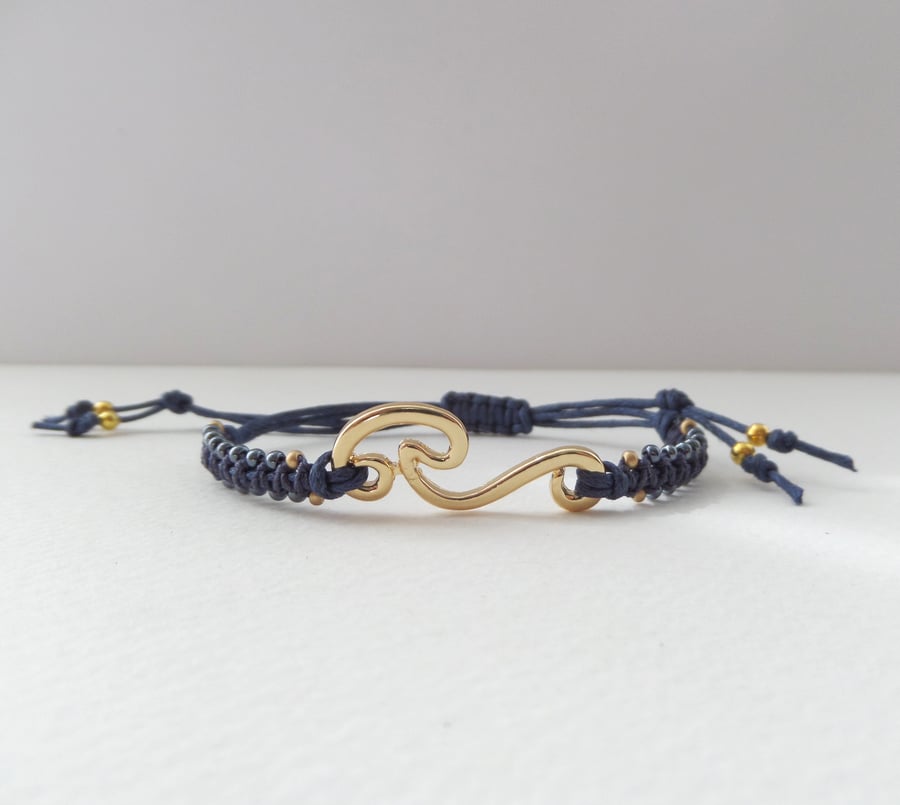 Macrame Bracelet, Beaded Gold Wave, Cotton Cord Adjustable Bracelet.