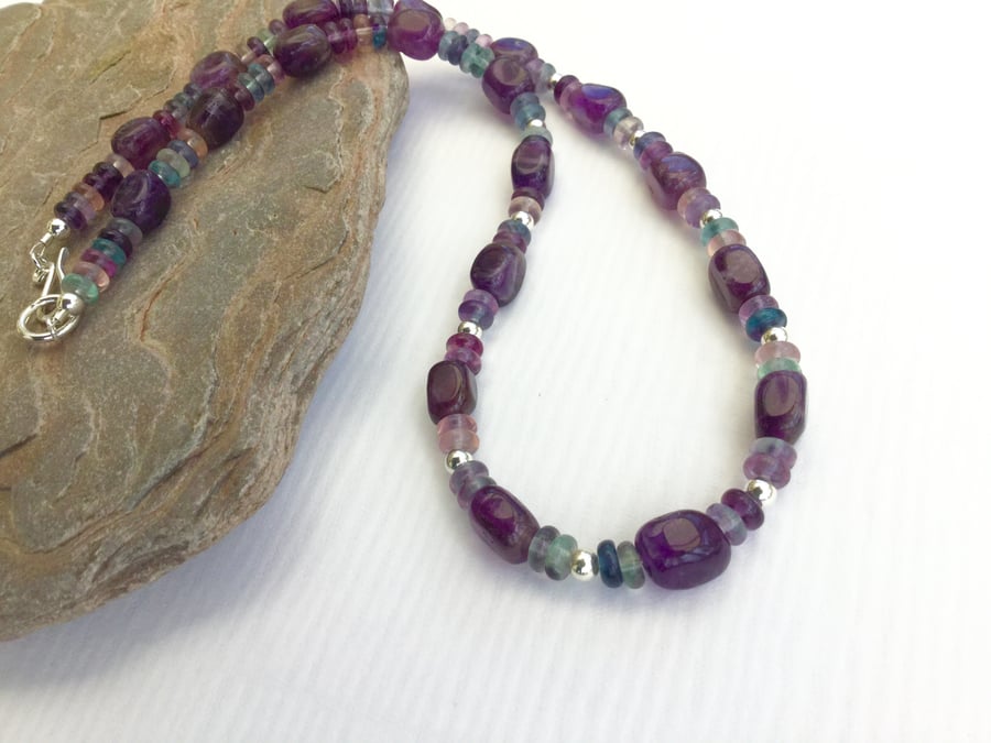 Sterling Silver Necklace with Rainbow Fluorite and Amethyst, February Birthstone