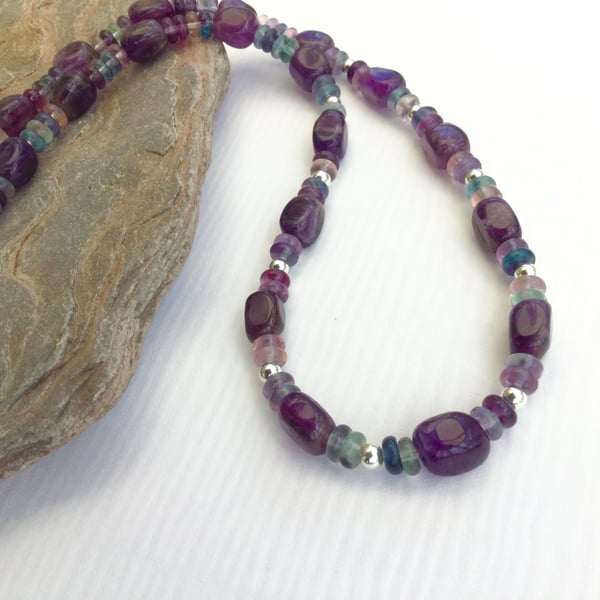 Sterling Silver Necklace with Rainbow Fluorite and Amethyst, February Birthstone