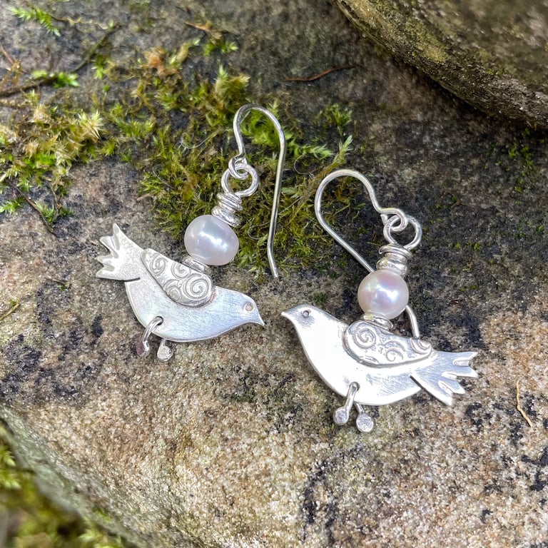Sterling silver and pearl peace dove earrings with jiggly legs