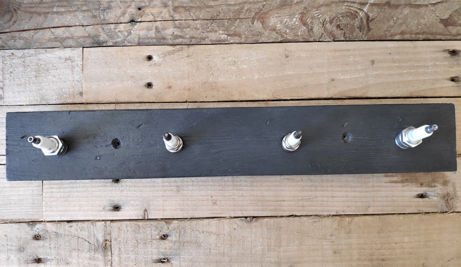 Spark Plug Rack on Reclaimed Wood in Grey - Upcycled, Industrial Homeware