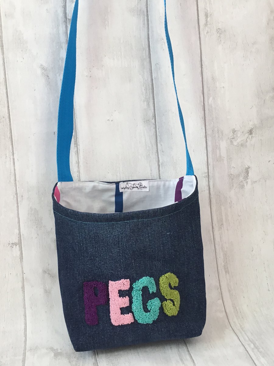 Recycled denim peg bag with blue shoulder strap... Folksy