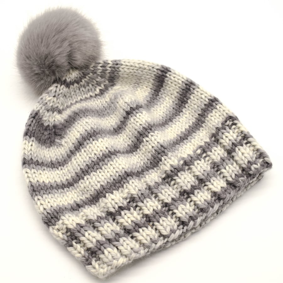 SOLD - Hand Knitted striped beanie hat with faux fur pom-pom in grey and cream