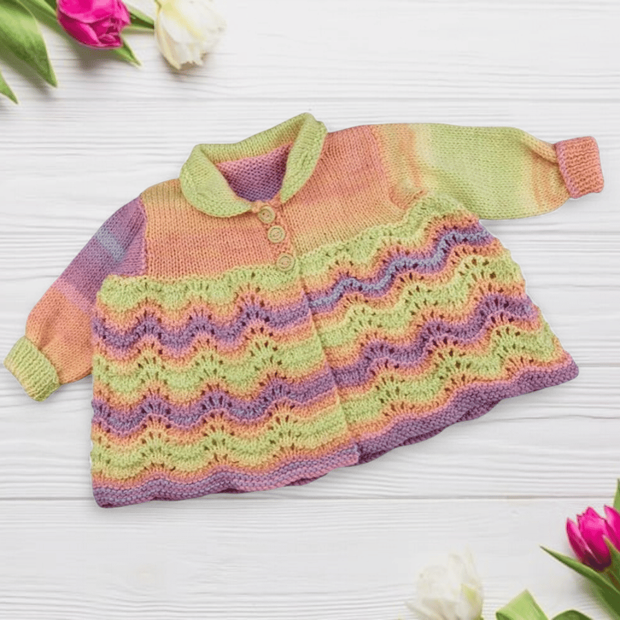 Baby Girl Cardigan 0-3 Months, Rainbow Hand Knitted Matinee Coat