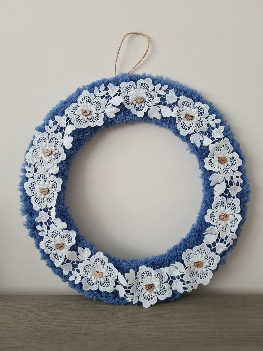 Cornflower blue yarn wrapped wreath