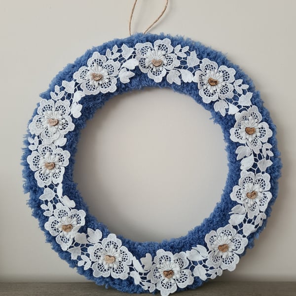 Cornflower blue yarn wrapped wreath