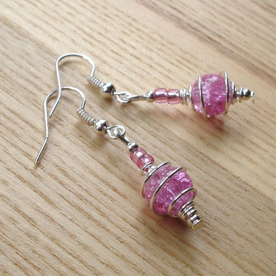 Sparkly Pink Spiral Glass Bead Earrings