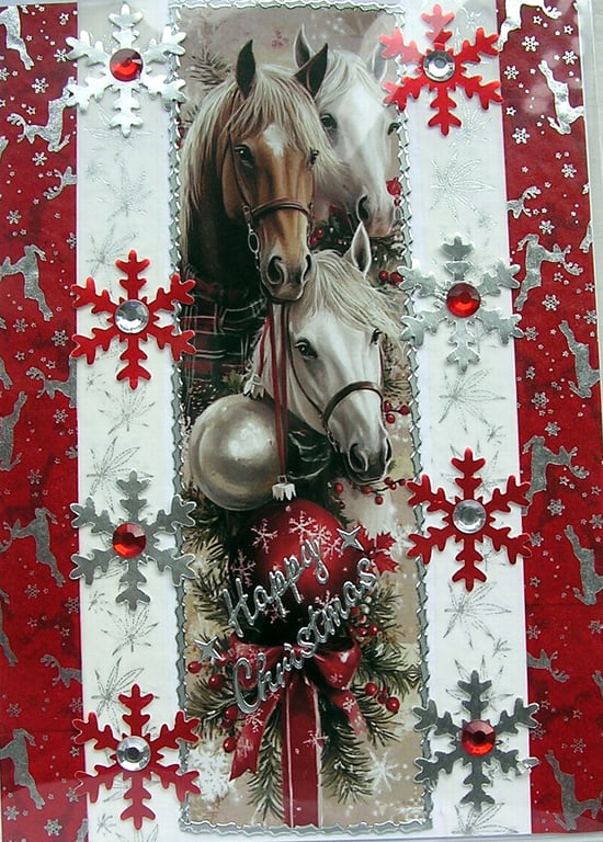 Hand Crafted Decoupage Chistmas Card - Happy Christmas (3382) - Xmas Pony Horse