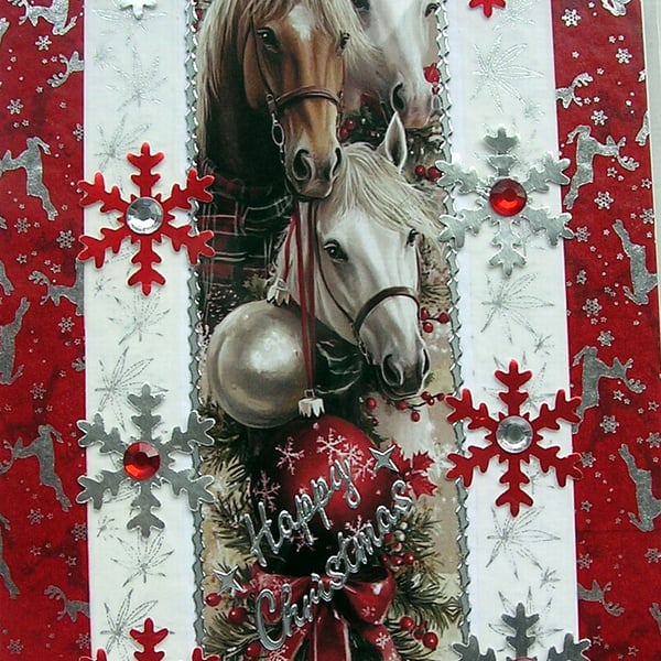 Hand Crafted Decoupage Chistmas Card - Happy Christmas (3382) - Xmas Pony Horse