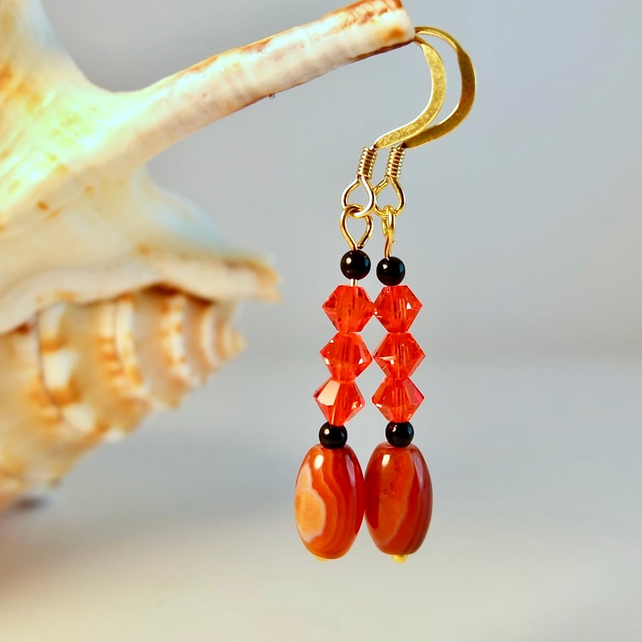 Banded Red Agate Earrings With Swarovski Crystals - Handmade In Devon