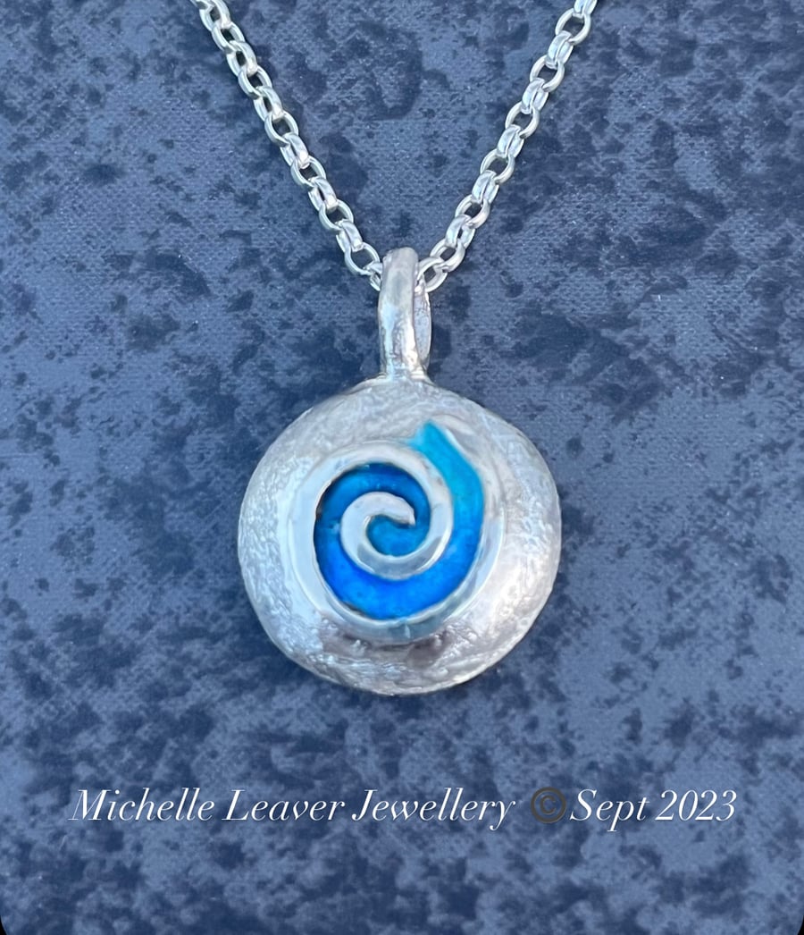 Pebble Pendant, Enamel Pendant, spiral Pendant, blue enamel pendant, infinity, 
