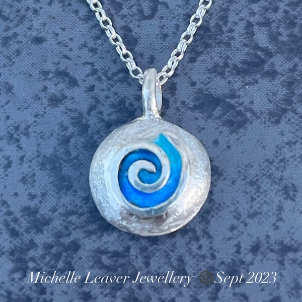 Pebble Pendant, Enamel Pendant, spiral Pendant, blue enamel pendant, infinity, 