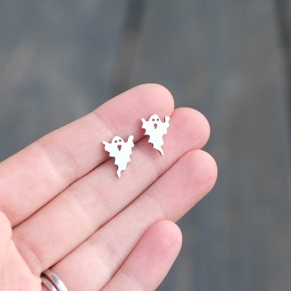 Sterling Silver Happy Ghost Stud Earrings 