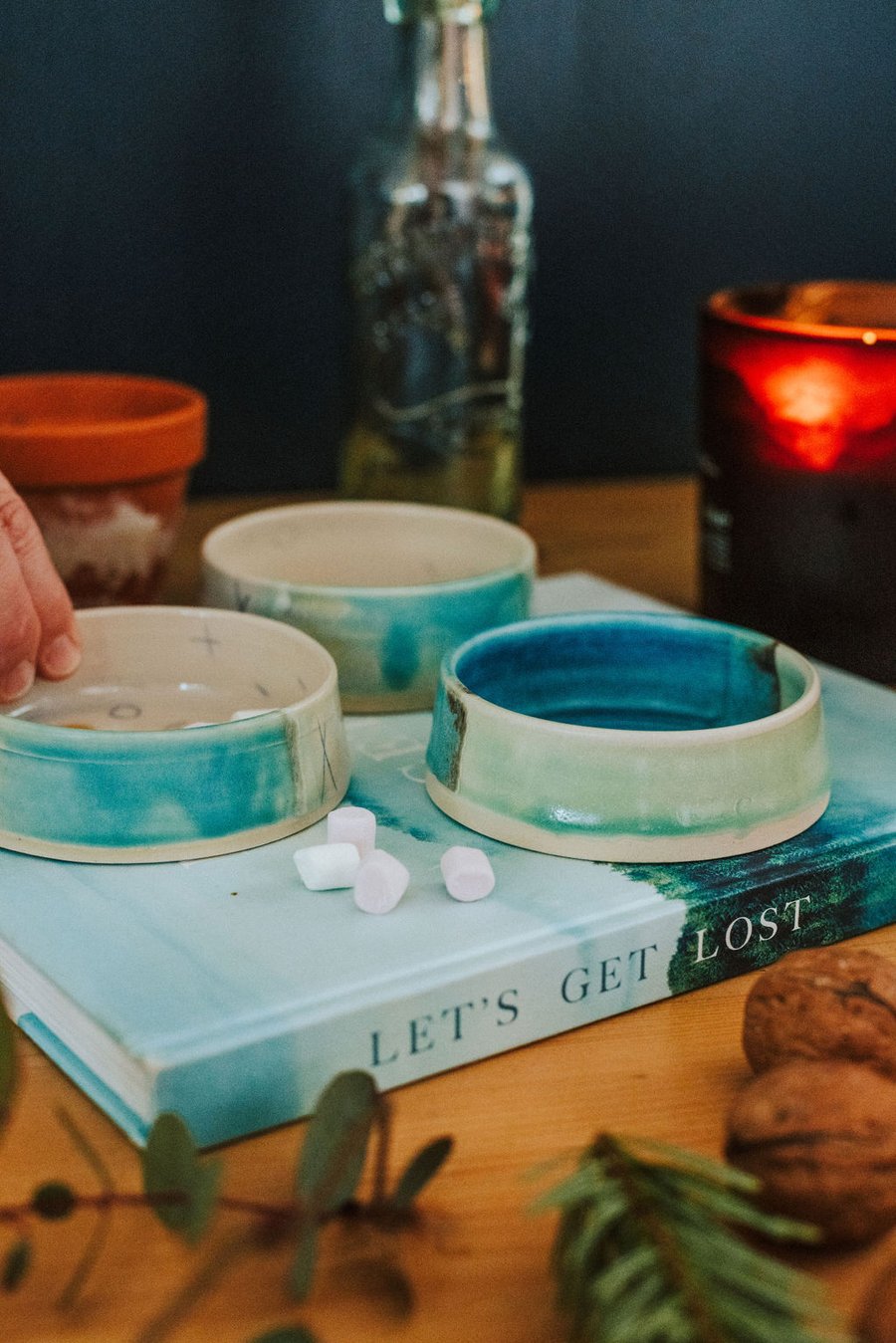 Ceramic handmade small dip bowl - glazed in sea colours - turquoise and blues