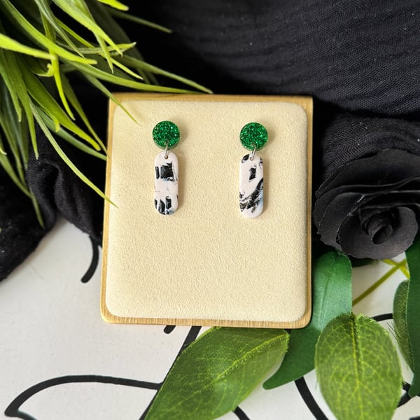 Remnant Monochrome Squish and Green Glitter Earrings 