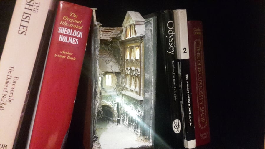 Book nook.Miniature piece of a fairytale street - book shelf insert.