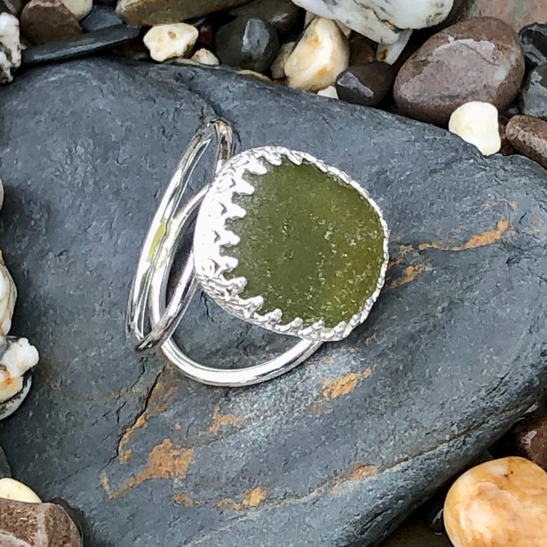 Olive Green Statement Sea Glass and Sterling Silver Ring- Size M  - 1076