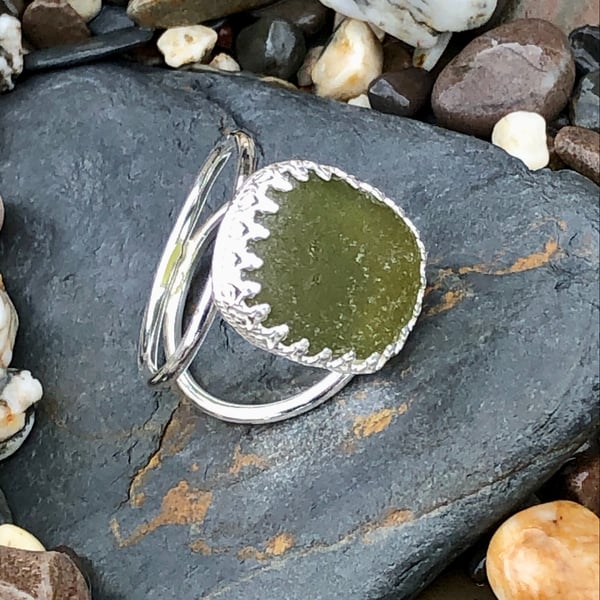 Olive Green Statement Sea Glass and Sterling Silver Ring- Size M  - 1076