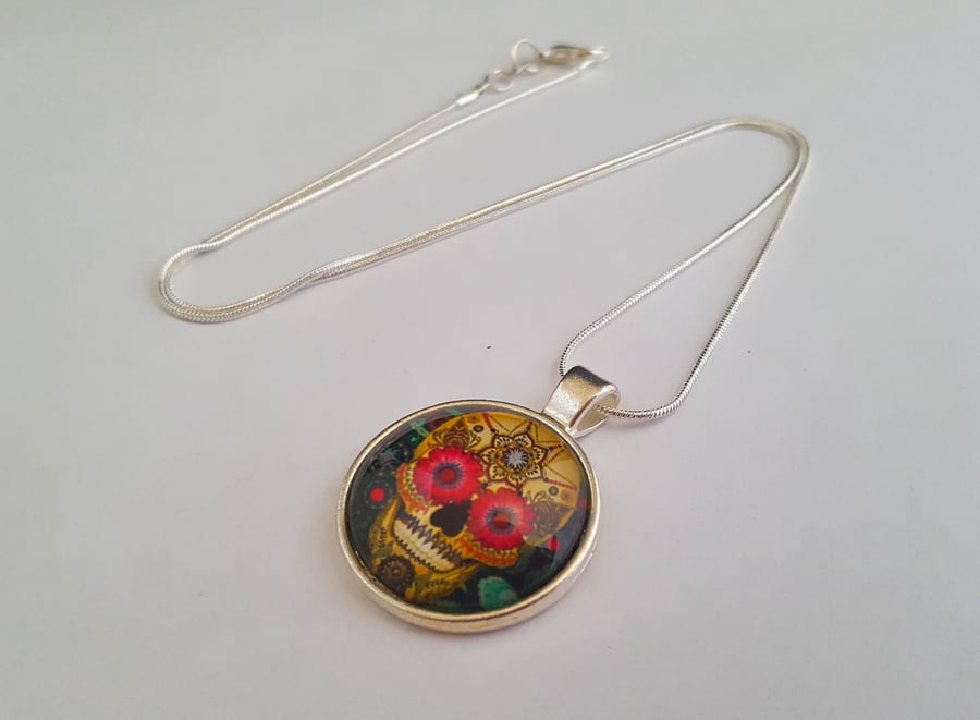 Green and gold sugar skull Day of the Dead necklace - Halloween