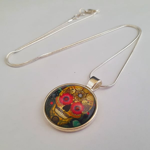 Green and gold sugar skull Day of the Dead necklace - Halloween