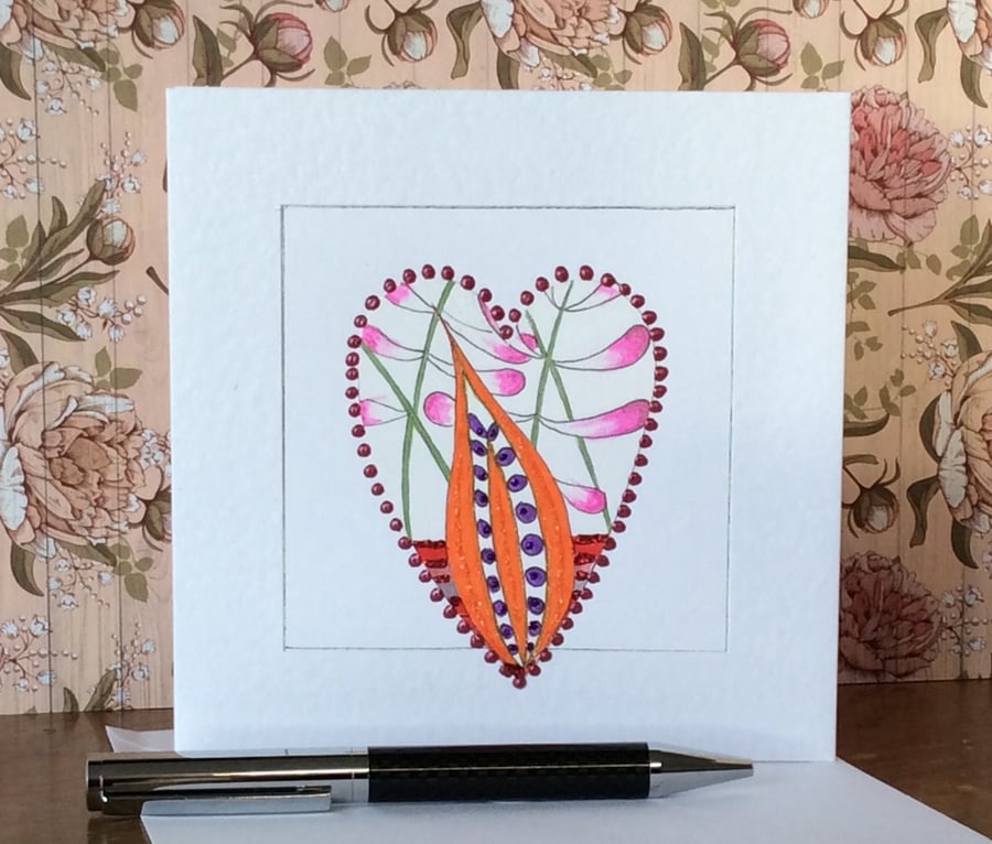 Handmade flowered heart Art Card. 
