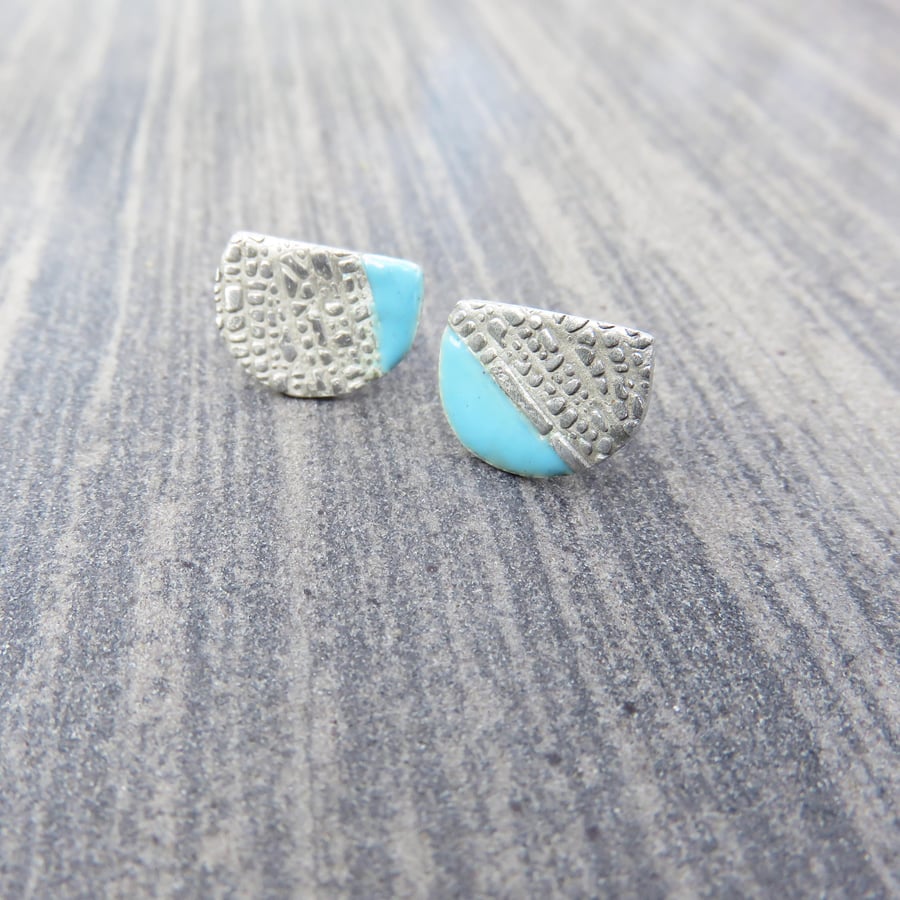 Silver and Enamel Unique Textured Stud Earrings