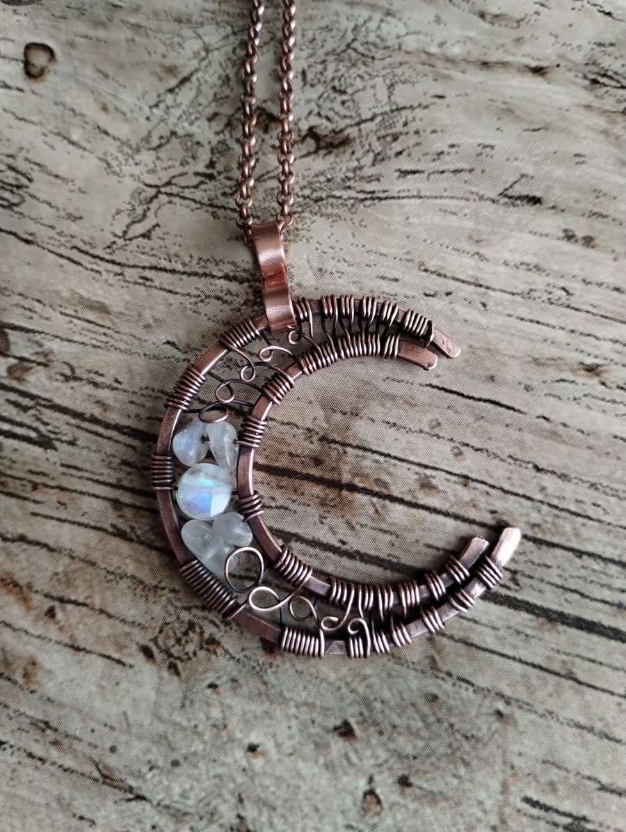 Rainbow Moonstone Crescent Moon Copper Necklace, Goth Wirewrap Gemstone Pendant