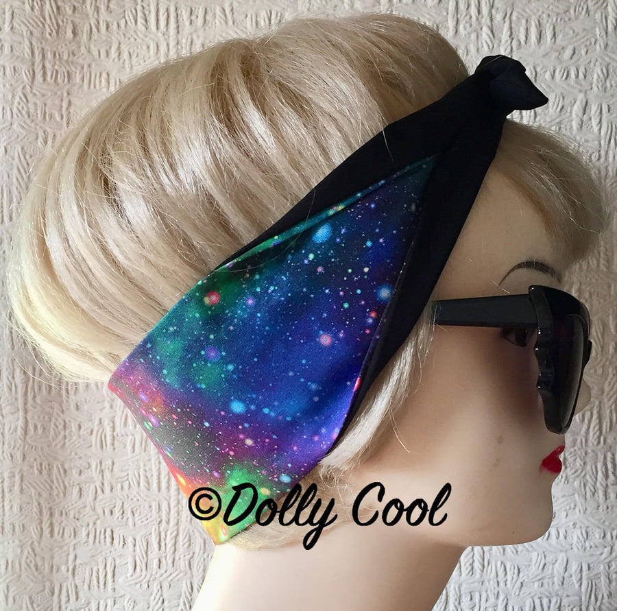 Rainbow Galaxy Hair Tie Rockabilly Head Scarf by Dolly Cool - Space - Astrology 