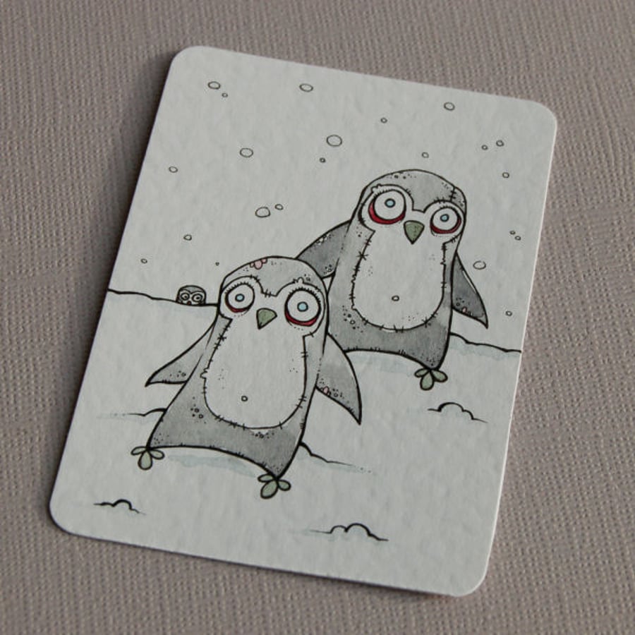 zombie penguin pair - original aceo