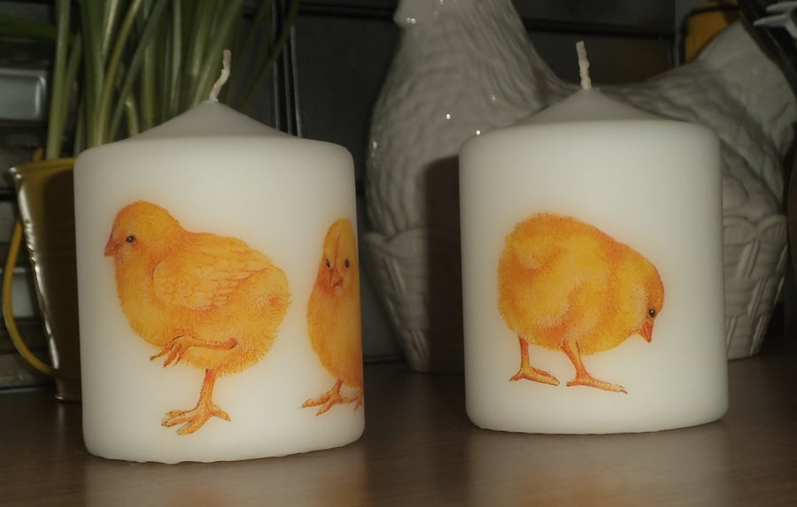 Decorated candle Easter Spring chicks napkin decoupage Standing Chick