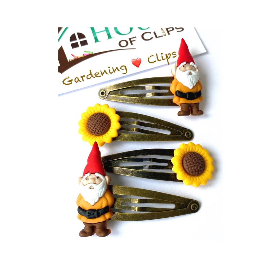 Gardening Love clips x4 - Gardening Hair Clips - Fun Gardening Gift - Gnome Hair