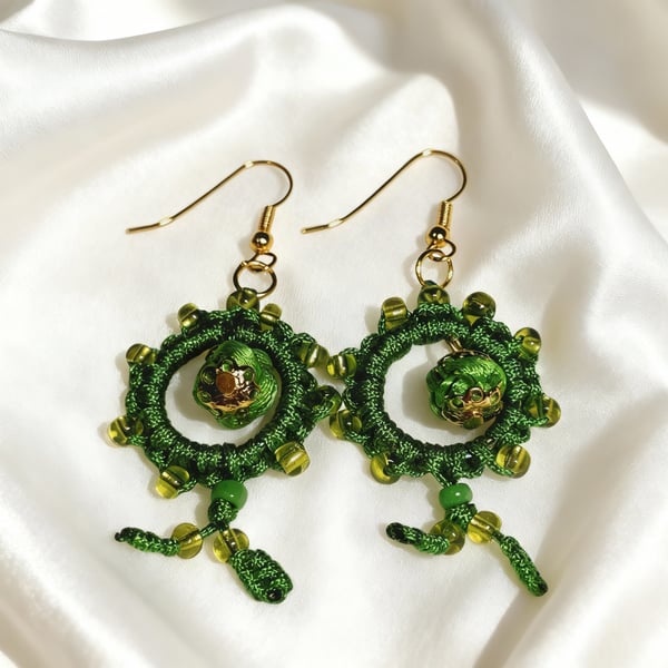 Green Macramé Dangle Earrings with Seed Beads 