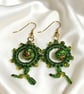 Green Macramé Dangle Earrings with Seed Beads 
